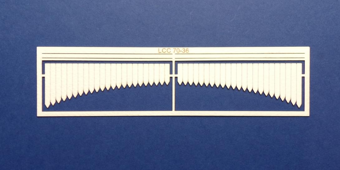 LCC 70-36 O gauge curved valence kit Set of 2 curved valence. Fits with LCC 70-34 canopy panels and LCC 70-35 canopy support frame. 
